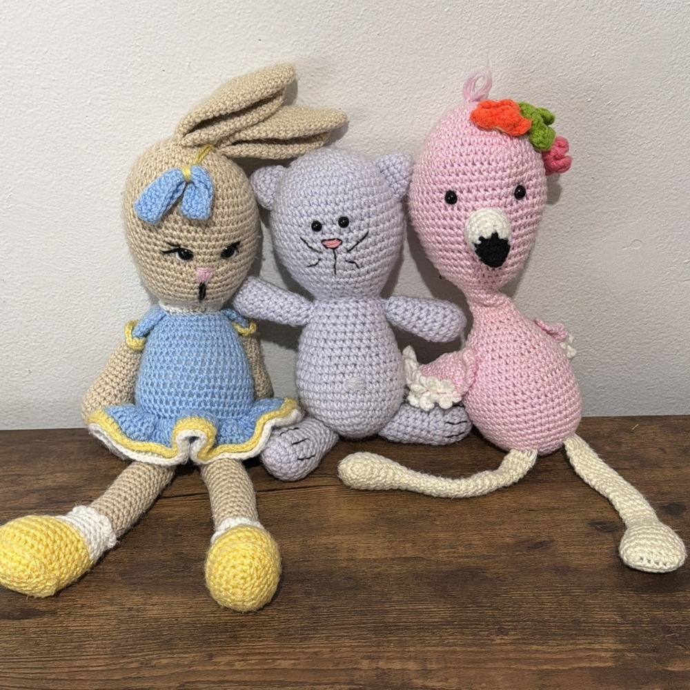 Crochet Bunny Rabbit, Kitty Cat & Flamingo Unique , Colorful, Handmade